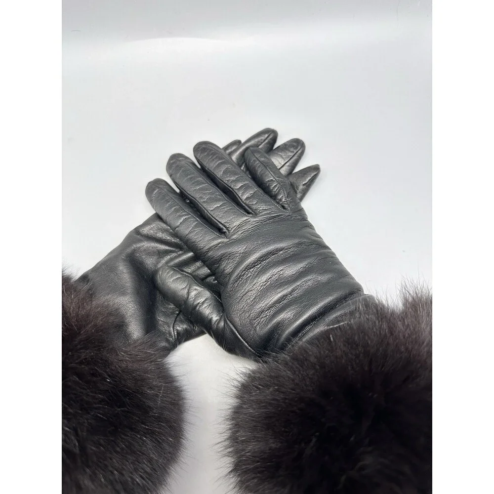 Marcus Adler Faux Fur Trim 100% Cashmere-Lined Black Leather Gloves Sz. 7 1/2